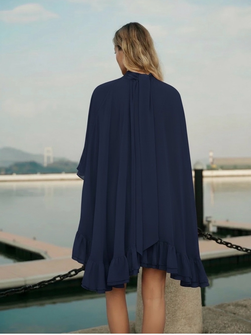 Commense Semi-Sheer Chiffon Ruffle Dress With Outer Cape - Picture 6 of 16